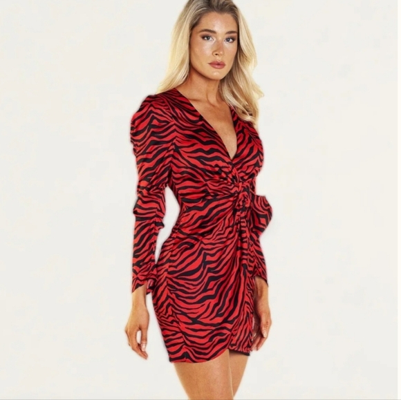 Bardot Red Animal Print VNeckline Long Sleeve Wrap Style Mini Dress Size US 6. - Picture 4 of 16